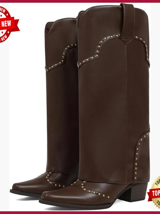 Shoes - Knee High Fold Over Cowboy Boots Chunky Heel Studded Pull On Snip Toe